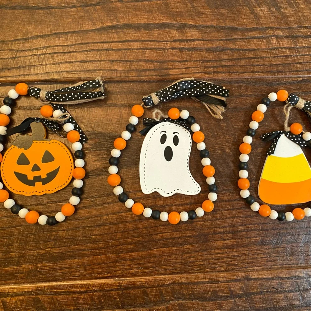 Halloween Beaded Garland Set Of 3, Candy Corn, Ghost & Jack-O-Lantern Garland